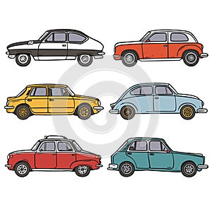 Six vintage cars colorful illustration isolated white background. Classic automobiles side photo