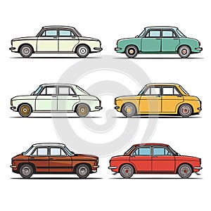 Six vintage cars lined up side profile, distinct color beige, turquoise, light green, yellow