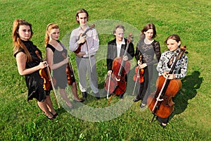 Six violinists stand semicircle on grass