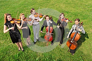 Six violinists stand semicircle on grass and play photo