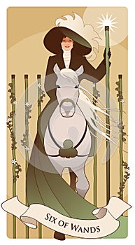 Six of wands. Tarot cards. Elegant lady on horseback, holding a wand with a luminous star and flanked by five wands
