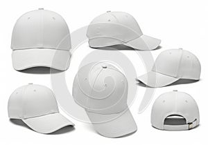 Six white baseball caps isolated on transparent background isolated on transparent background