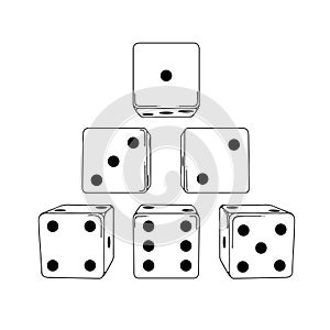 Six white cartoon-style dice cubes