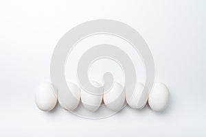 Six white chicken eggs in a row