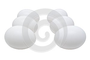 Six white eggs on white background