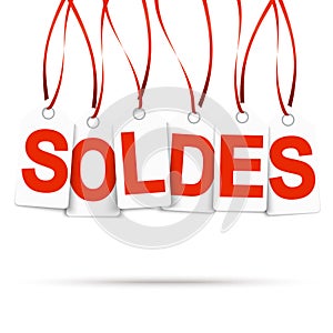 Six white hangtags with SOLDES