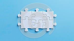 six white puzzle parts on a light blue background, generative ai illustration