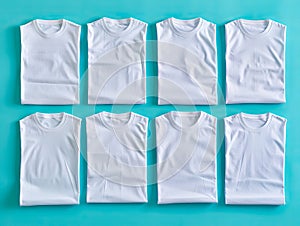 Six white t - shirts on a blue background photo