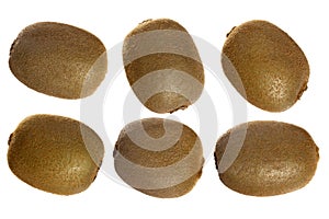 Six whole kiwi fruit on white background. Top view. Full depth of field