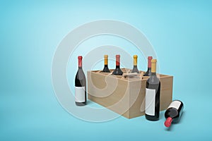 Six wine bottles neatly packed in wooden box