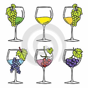 Six wine glasses filled different colors liquids, adorned bunch grapes rim. Cartoon style vector