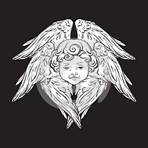 Six winged cherub cute winged curly smiling baby boy angel with rays of linght isolated over black background. Hand drawn design