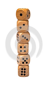 six wooden dice standing upright on a white  background