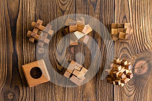 Six wooden puzzles of differing complexities