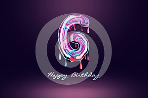 Six year anniversary background, number from pink candy on dark background. Concept for happy birthday background, brochure