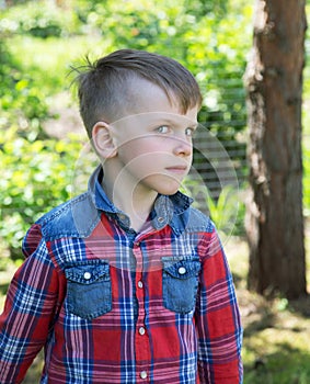Six-year-old boy looks askance at the lens in the garden