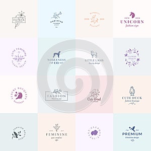 Sixteen Abstract Feminine Vector Signs or Logo Templates Set. Retro Floral Illustration with Classy Typography, Birds