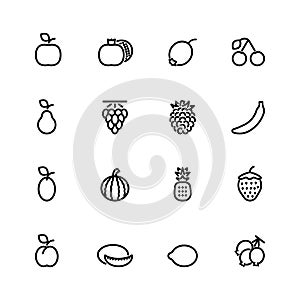 Sixteen black outline fresh fruit icons