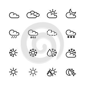 Sixteen black outline weather icons