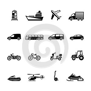 Sixteen black transport icon set