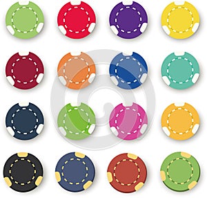Sixteen colorful poker chips on a white