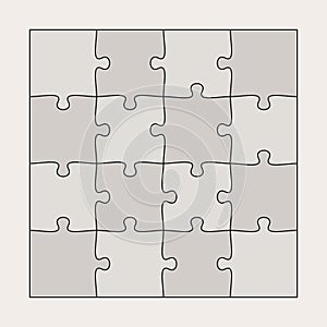 Sixteen connected jigsaw puzzle parts. Infographic template with matching pieces. Teamwork concept.