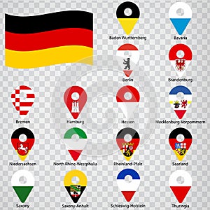 Sixteen flags of the lands of Germany - alphabetical order with name.  Set of 2d geolocation signs like flags lands of Germany. Si