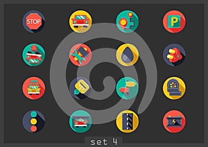 Sixteen flat auto icons on dark background