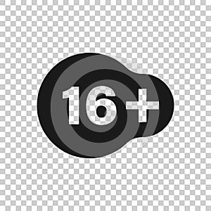 Sixteen plus icon in flat style. 16+ vector illustration on white isolated background. Censored business concept