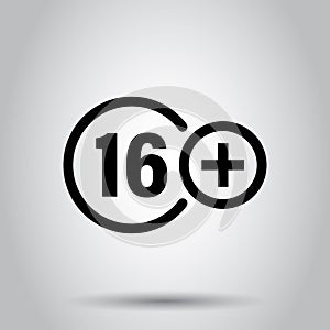 Sixteen plus icon in flat style. 16+ vector illustration on white isolated background. Censored business concept