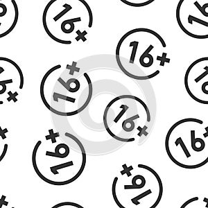 Sixteen plus icon in flat style. 16+ vector illustration on white isolated background. Censored seamless pattern business concept