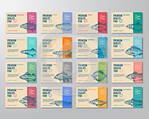 Sixteen Premium Quality Fish Labels Set. Abstract Vector Packaging Design or Label. Modern Typography and Hand Drawn