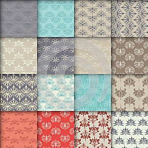 Sixteen seamless patterns with lotuses.