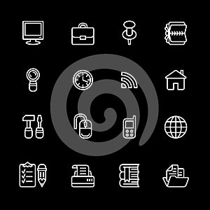 Sixteen white computer icons isolated on black