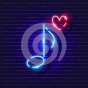 Sixteenth notes neon icon. Music glowing sign. Love Music concept. Vector illustration for Sound recording studio design,