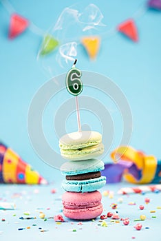 Sixth 6th Birthday Card with Candle Blown Out in Colorful Macaroons and Sprinkles. Card Mockup