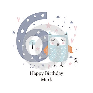 Sixth  birthday greetings card with a cute owl. Kids party with animals. Vector