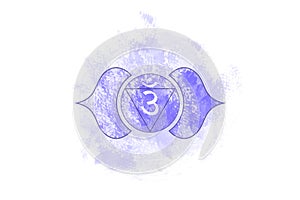 Sixth chakra of Ajna, Third eye chakra logo template in watercolor style. Purple mandala. Sacral sign meditation, yoga icon