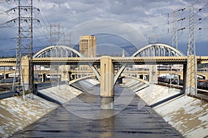 The Sixth Street Viaduct and Los Angeles River in Dowtown Los An photo
