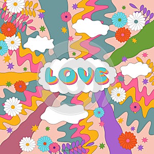 Sixties retro hippie style illustration with word LOVE and abstract patterns. Psychedelic vintage poster