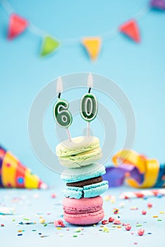 Sixtieth 60th Birthday Card with Candle in Colorful Macaroons and Sprinkles. Card Mockup