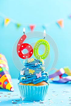 Sixtieth 60th birthday cupcake with candle. Card mockup.