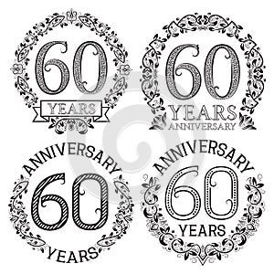 Sixtieth anniversary emblems set. Patterned celebration signs in vintage style