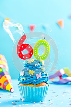 Sixtieth 60th birthday cupcake with candle blow out.Card mockup.