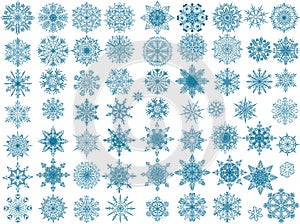 Sixty four cyan snowflakes collection isolated on white