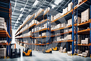 a sizable distribution center with loaders and shelves that are high. looking down.