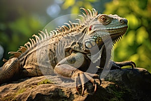 A sizable reptile relaxes atop a sturdy stone in its natural surroundings, An iguana basking in the sun on a rocky terrain, AI