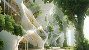 A sizable white building covered in trees growing on its exterior, Artistic design of an eco-friendly urban habitat, AI Generated