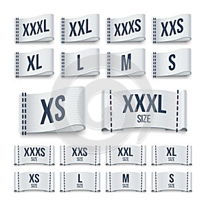 Size clothing fabric ribbon labels. Garment tags vector set