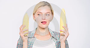 Size concept. healthy teeth. Farming, farmer girl with maize. corn crop. vitamin and dieting food. agriculture and